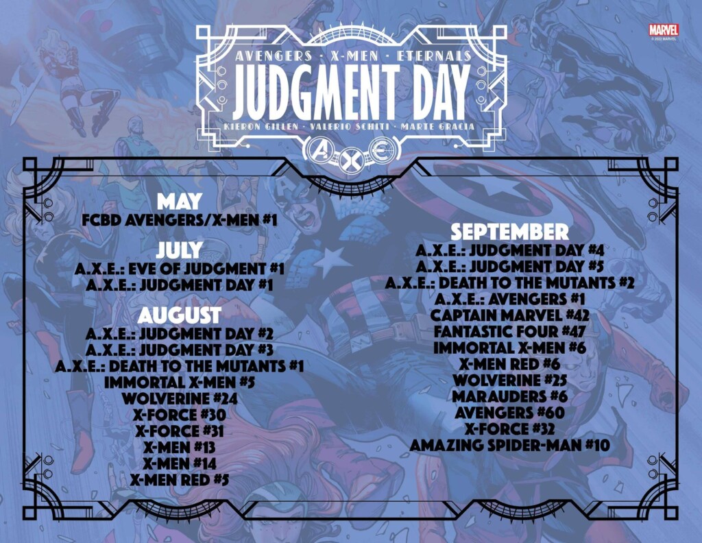 Free Comic Book Day 2022: Avengers/X-Men #1 (Prelude)
Available 7th May.

A.X.E: Eve of Judgment #1 (Prelude)
Available 13th July.

A.X.E: Judgment Day #1 (of 6)
Available 20th July.

Immortal X-Men #5 (Tie-in)
Available 3rd August.

X-Men: Red (2022 series) #5 (Tie-in)
Available 3rd August.

A.X.E: Judgment Day #2 (of 6)
Available 10th August.

A.X.E: Death To The Mutants #1 (of 3) (Tie-in)
Available 17th August.

X-Men (2021 series) #13 (Tie-in)
Available 17th August.

X-Force (2018 series) #30 (Tie-in)
Available 17th August.

Wolverine (2019 series) #24 (Tie-in)
Available 17th August.

A.X.E: Judgment Day #3 (of 6)
Available 24th August.

X-Men (2021 series) #14 (Tie-in)
Available 24th August.

X-Force (2018 series) #31 (Tie-in)
Available 31st August.

A.X.E: Death To The Mutants #2 (of 3)
Available 7th September.

Wolverine (2019 series) #25 (Tie-in)
Available 7th September.

Marauders (2022 series) #6 (Tie-in)
Available 7th September.

Immortal X-Men #6 (Tie-in)
Available 7th September.

A.X.E: Judgment Day #4 (of 6)
Available 14th September.

X-Force (2018 series) #32 (Tie-in)
Available 14th September.

X-Men Red (2022 series) #6 (Tie-in)
Available 14th September.

A.X.E: Judgment Day #5 (of 6)

Available 21st September.

Avengers (2018 series) #60 (Tie-in)
Available 21st September.

Fantastic Four (2018 series) #47 (Tie-in)
Available 21st September.

A.X.E: Avengers #1 (Tie-in).
Available 28th September.

Amazing Spider-Man (2022 series) 
Available 28th September.

A.X.E: Avengers #1 (Tie-in)
Available 28th September.

A.X.E: X-Men #1 (Tie-in)
Available October.

A.X.E: Eternals #1 (Tie-in)
Available October.

A.X.E: Death To The Mutants #3 (of 3) 
Available October.

A.X.E: Judgment Day #6 (of 6)
Available October.